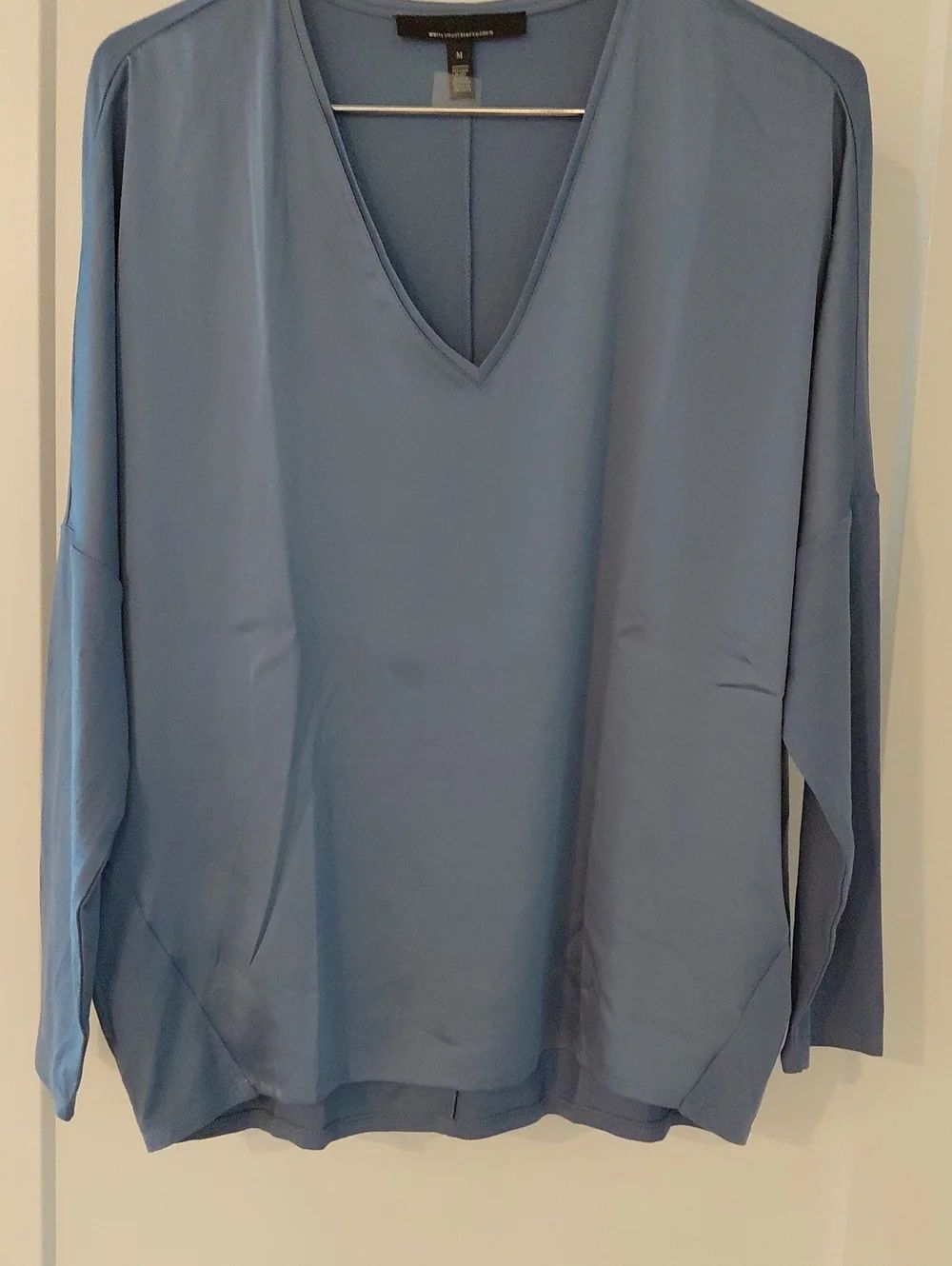 White House Black Market Dusty Blue V-Neck Long Sleeve Top With Bat Sleeves.